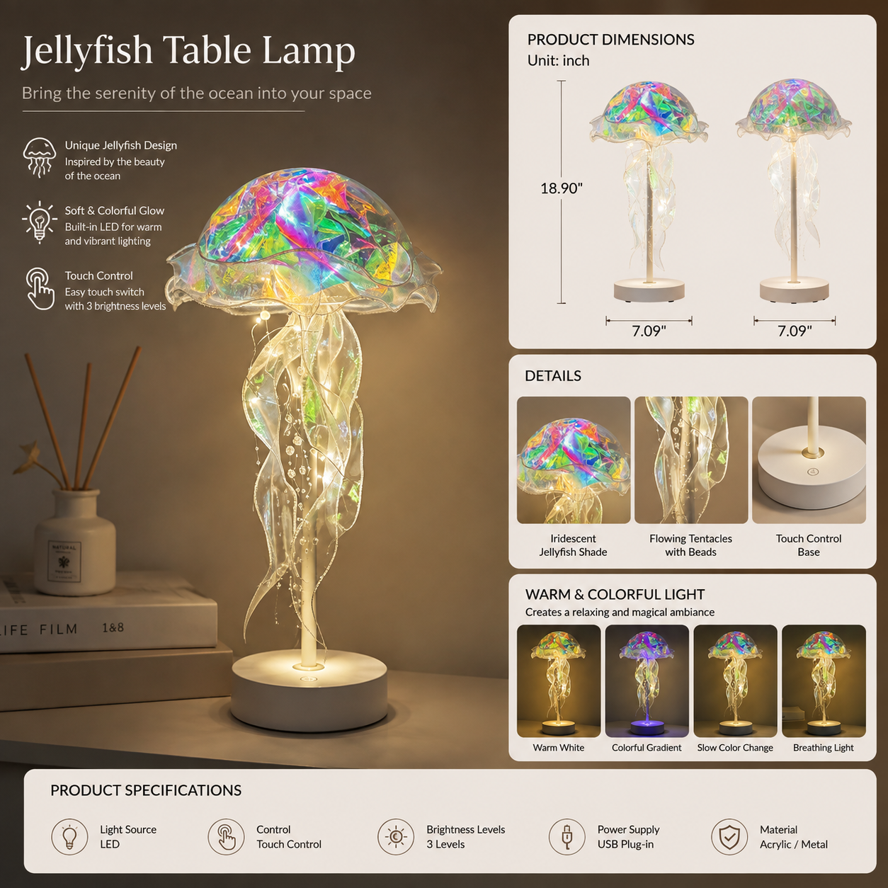 Jellyfish Table Lamp – Color Changing LED Night Light with Remote