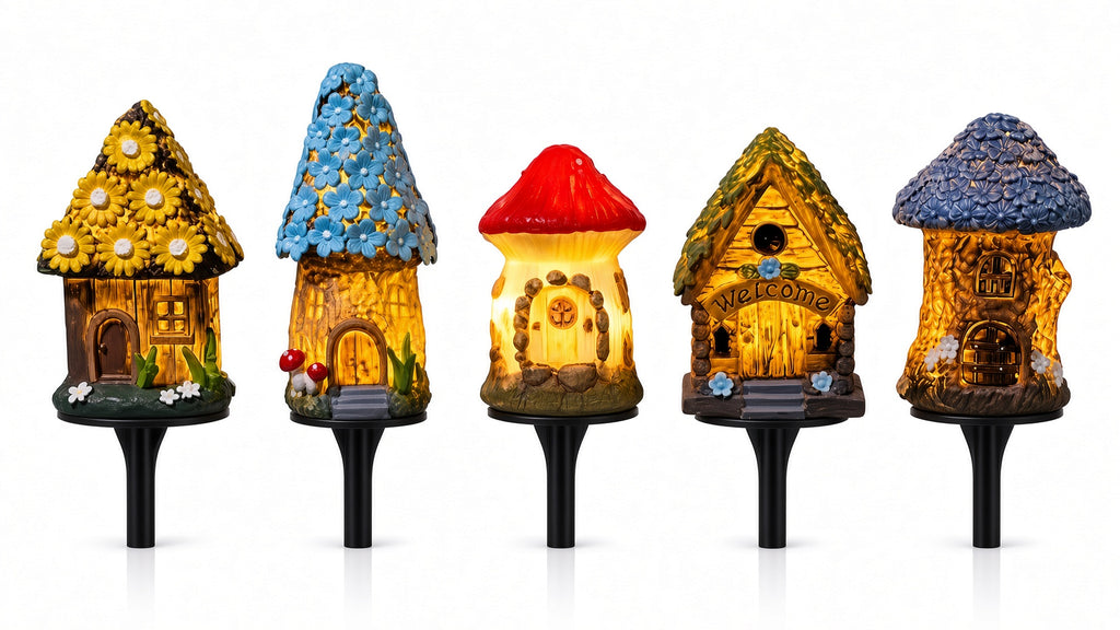 Solar Garden Stake Lights – Set of 5 Miniature House & Mushroom Pathway Lights