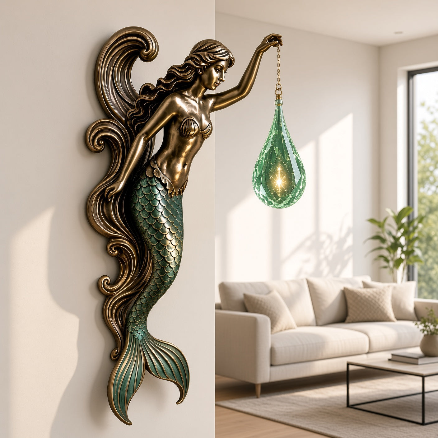 Mermaid Wall Sconce – Bronze Decorative Wall Lamp with Green Crystal Teardrop
