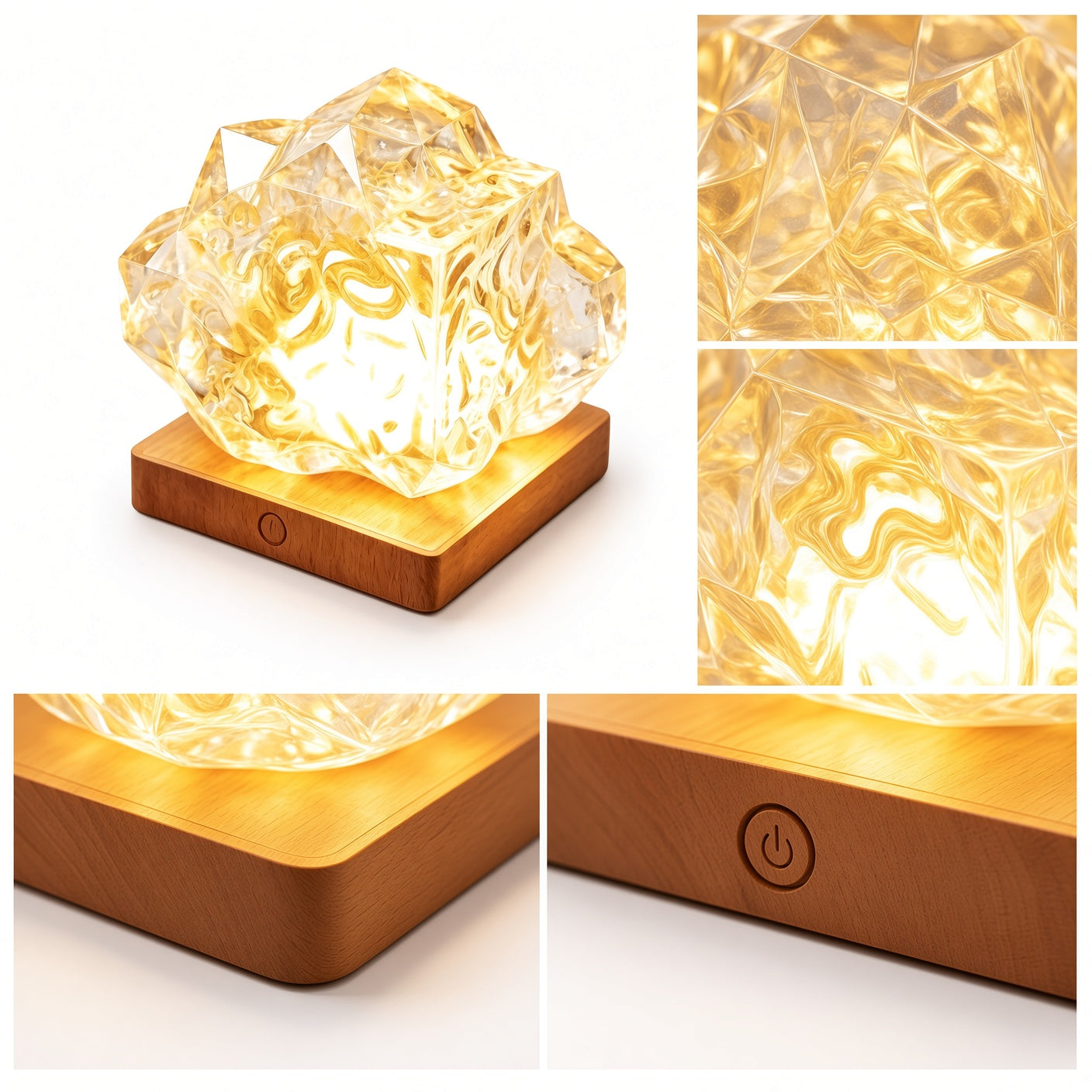 Crystal Rock Night Light – Rechargeable LED Bedroom Lamp with Wooden Base