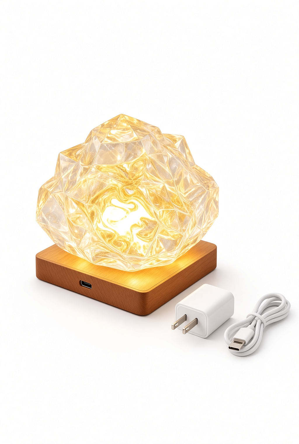 Crystal Rock Night Light – Rechargeable LED Bedroom Lamp with Wooden Base