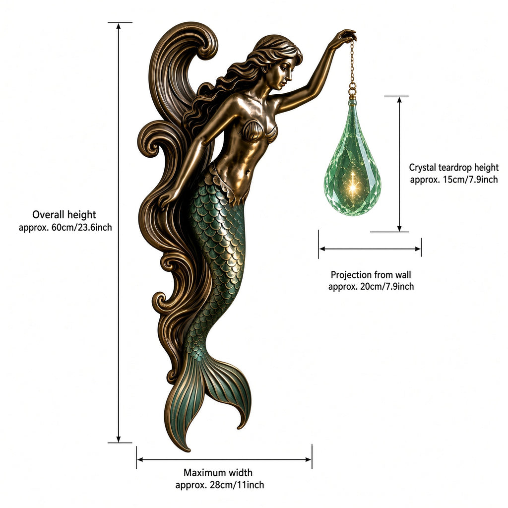 Mermaid Wall Sconce – Bronze Decorative Wall Lamp with Green Crystal Teardrop