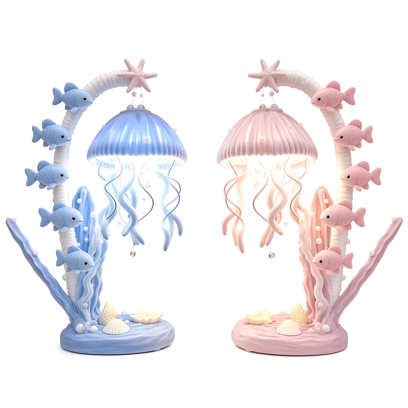 Jellyfish Ocean Night Light – Blue LED Table Lamp with Fish & Shells