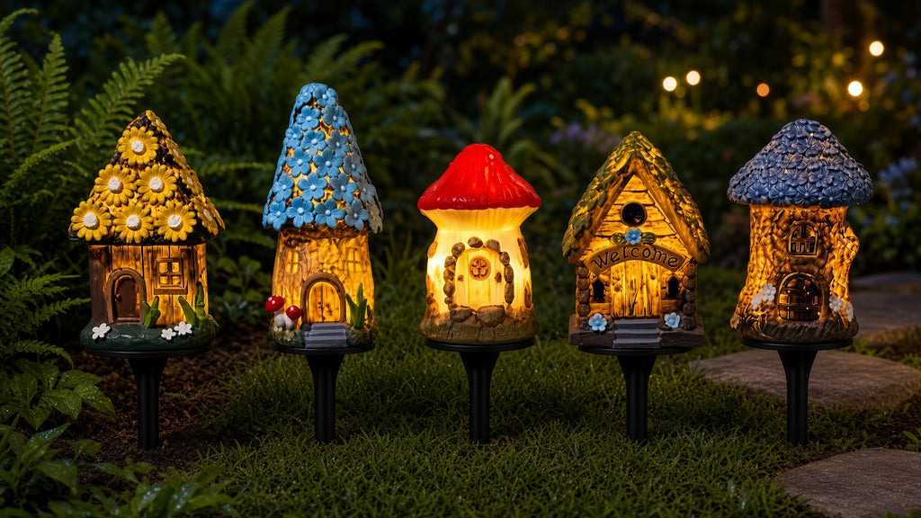 Solar Garden Stake Lights – Set of 5 Miniature House & Mushroom Pathway Lights