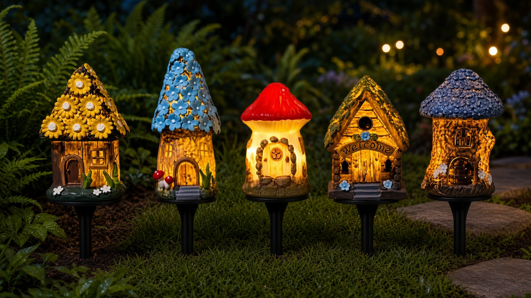 Solar Garden Stake Lights – Set of 5 Miniature House & Mushroom Pathway Lights