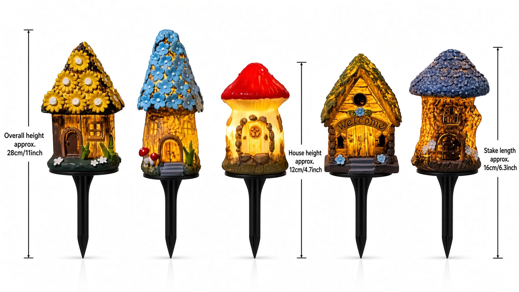 Solar Garden Stake Lights – Set of 5 Miniature House & Mushroom Pathway Lights