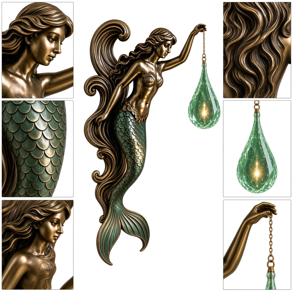 Mermaid Wall Sconce – Bronze Decorative Wall Lamp with Green Crystal Teardrop