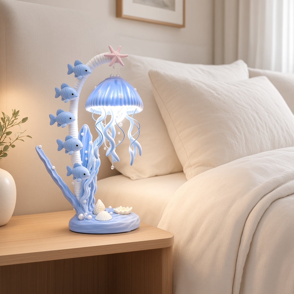 Jellyfish Ocean Night Light – Blue LED Table Lamp with Fish & Shells