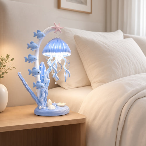 Jellyfish Ocean Night Light – Blue LED Table Lamp with Fish & Shells