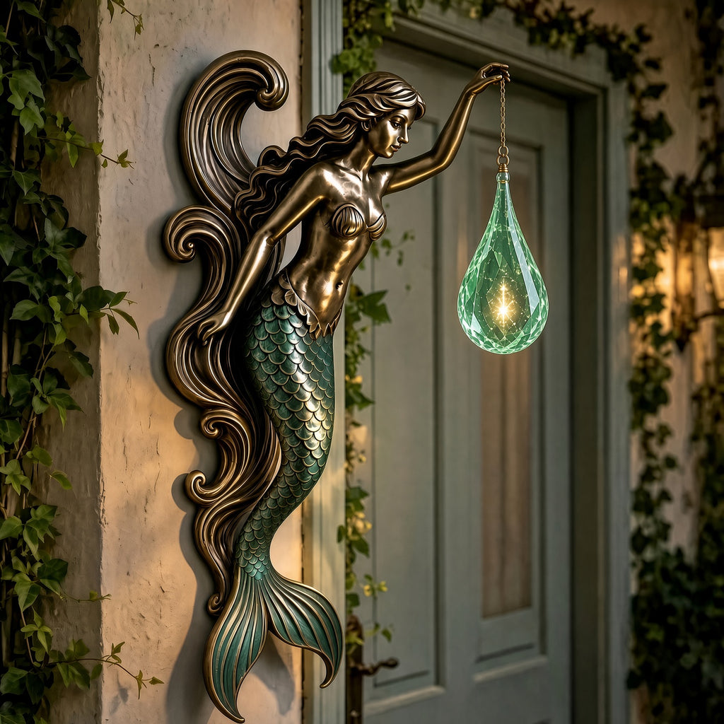 Mermaid Wall Sconce – Bronze Decorative Wall Lamp with Green Crystal Teardrop