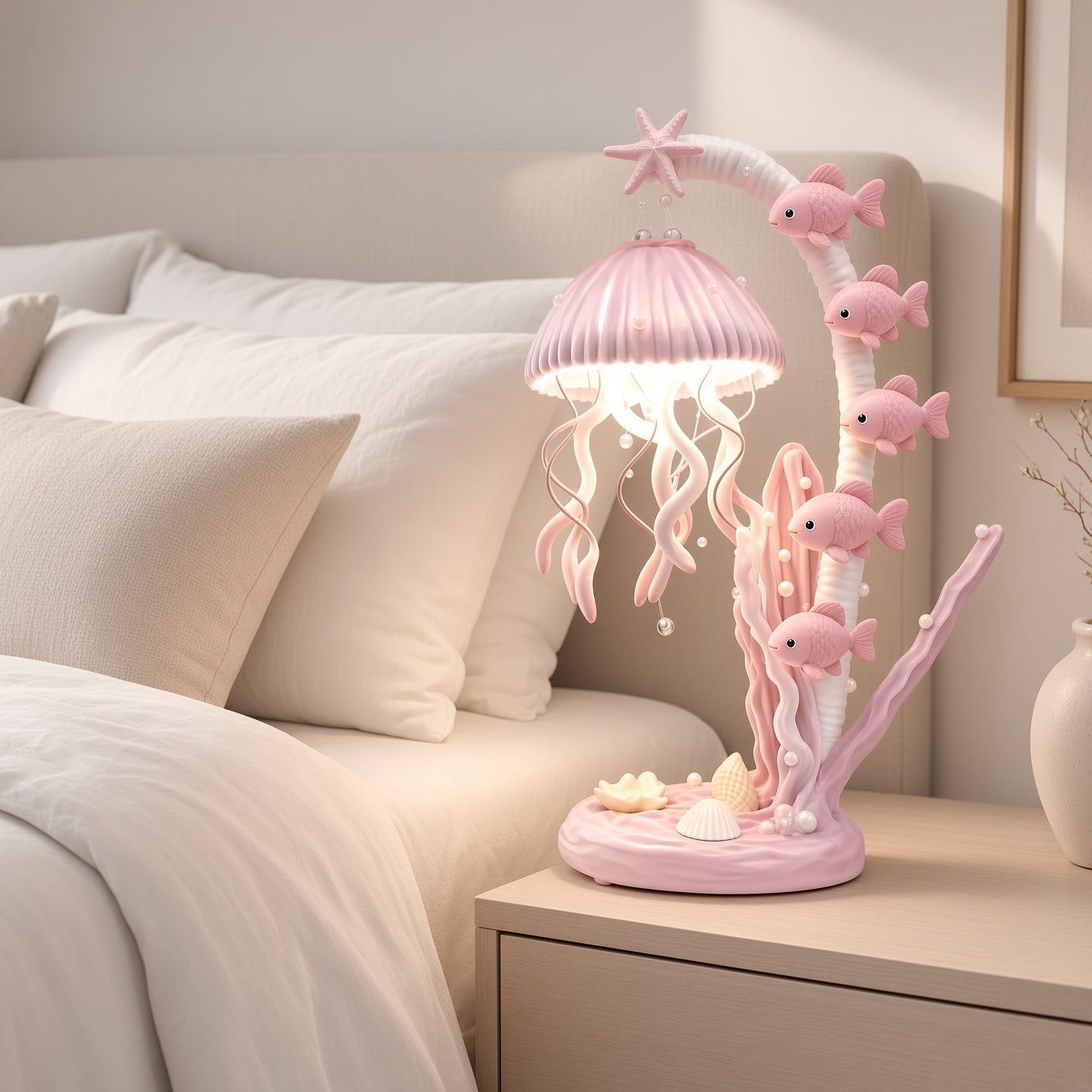 Jellyfish Ocean Night Light – Blue LED Table Lamp with Fish & Shells