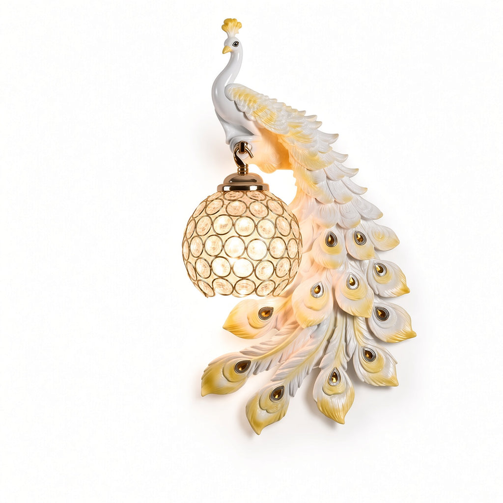 Peacock Crystal Wall Sconce – White & Gold Decorative Wall Lamp