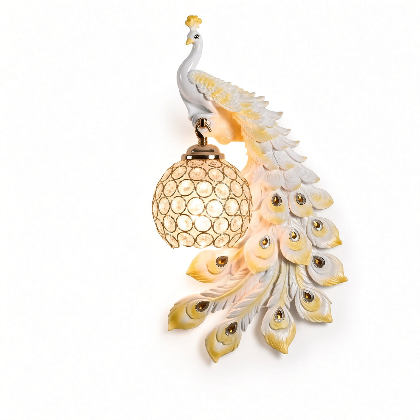 Peacock Crystal Wall Sconce – White & Gold Decorative Wall Lamp