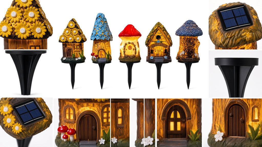 Solar Garden Stake Lights – Set of 5 Miniature House & Mushroom Pathway Lights