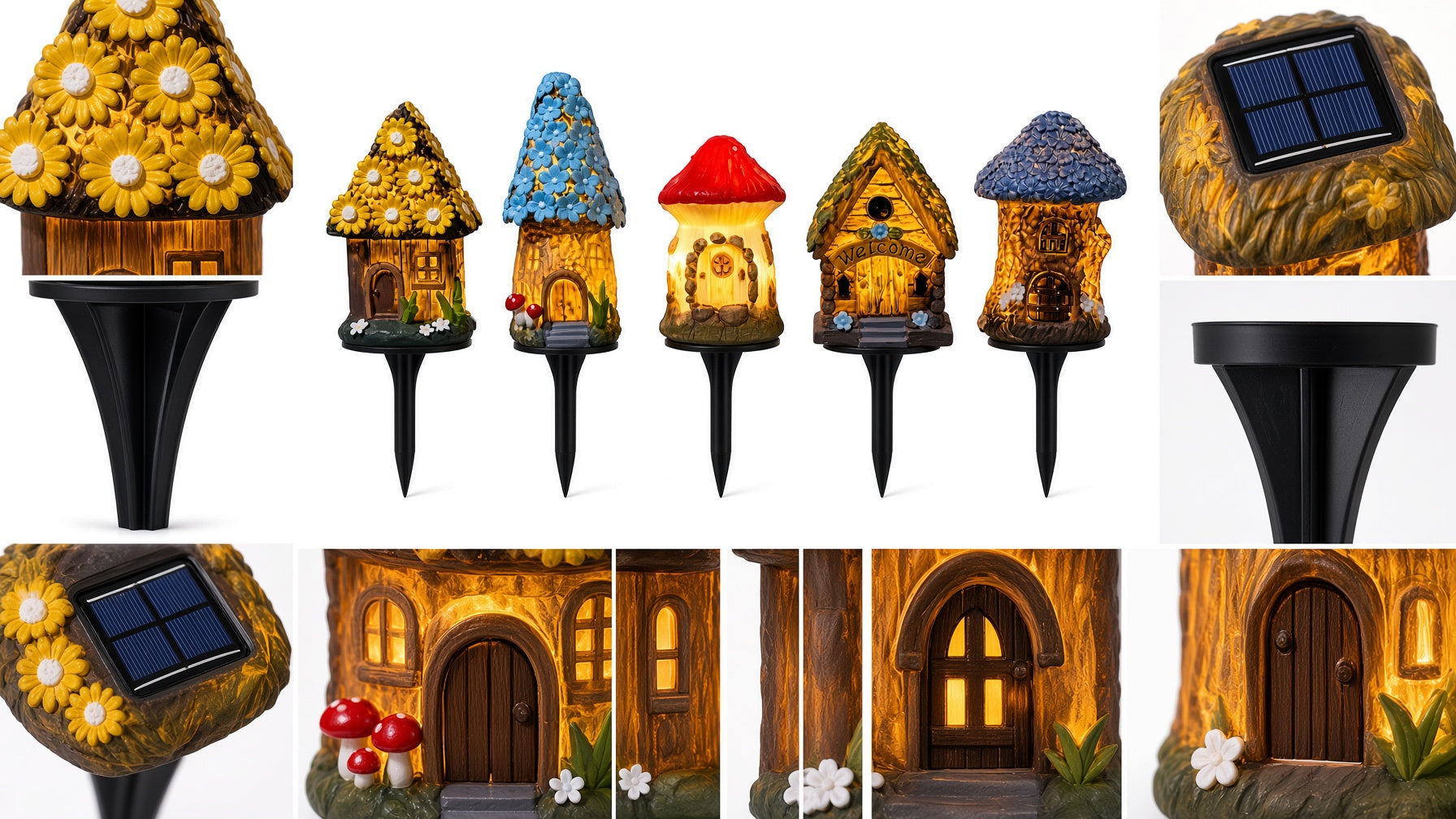 Solar Garden Stake Lights – Set of 5 Miniature House & Mushroom Pathway Lights