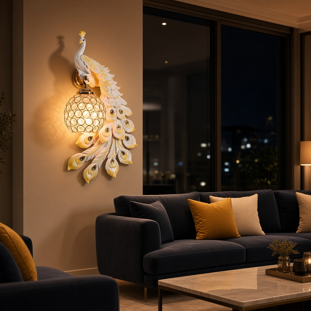 Peacock Crystal Wall Sconce – White & Gold Decorative Wall Lamp