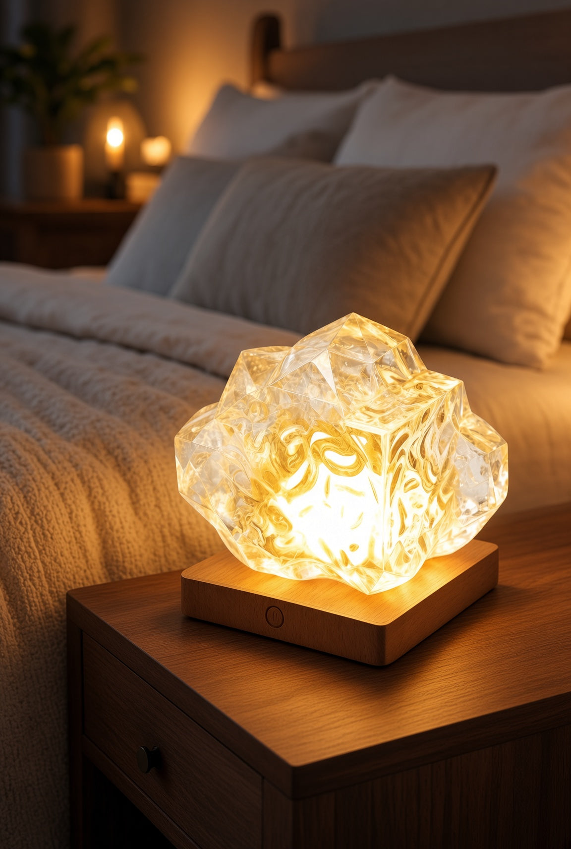 Crystal Rock Night Light – Rechargeable LED Bedroom Lamp with Wooden Base
