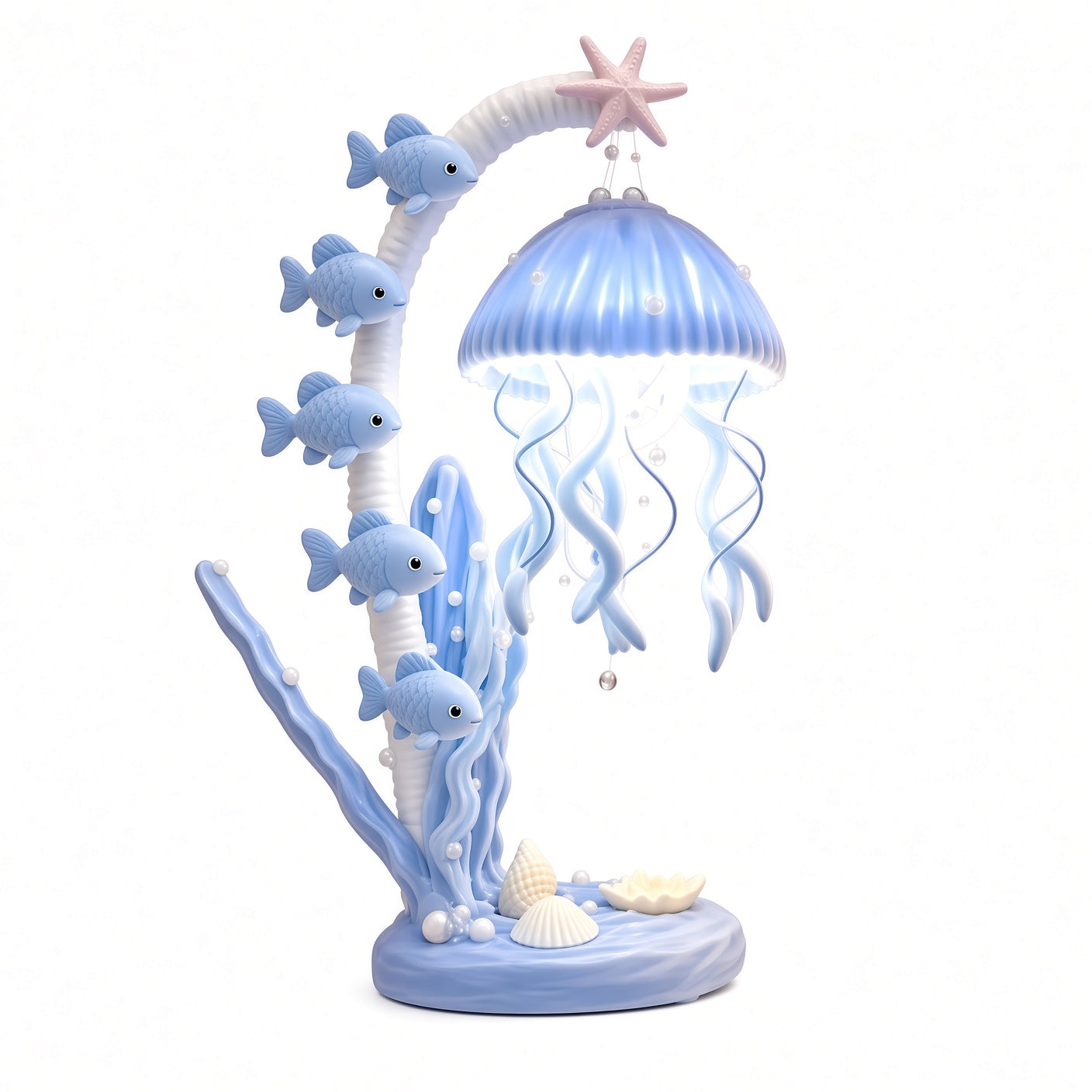 Jellyfish Ocean Night Light – Blue LED Table Lamp with Fish & Shells